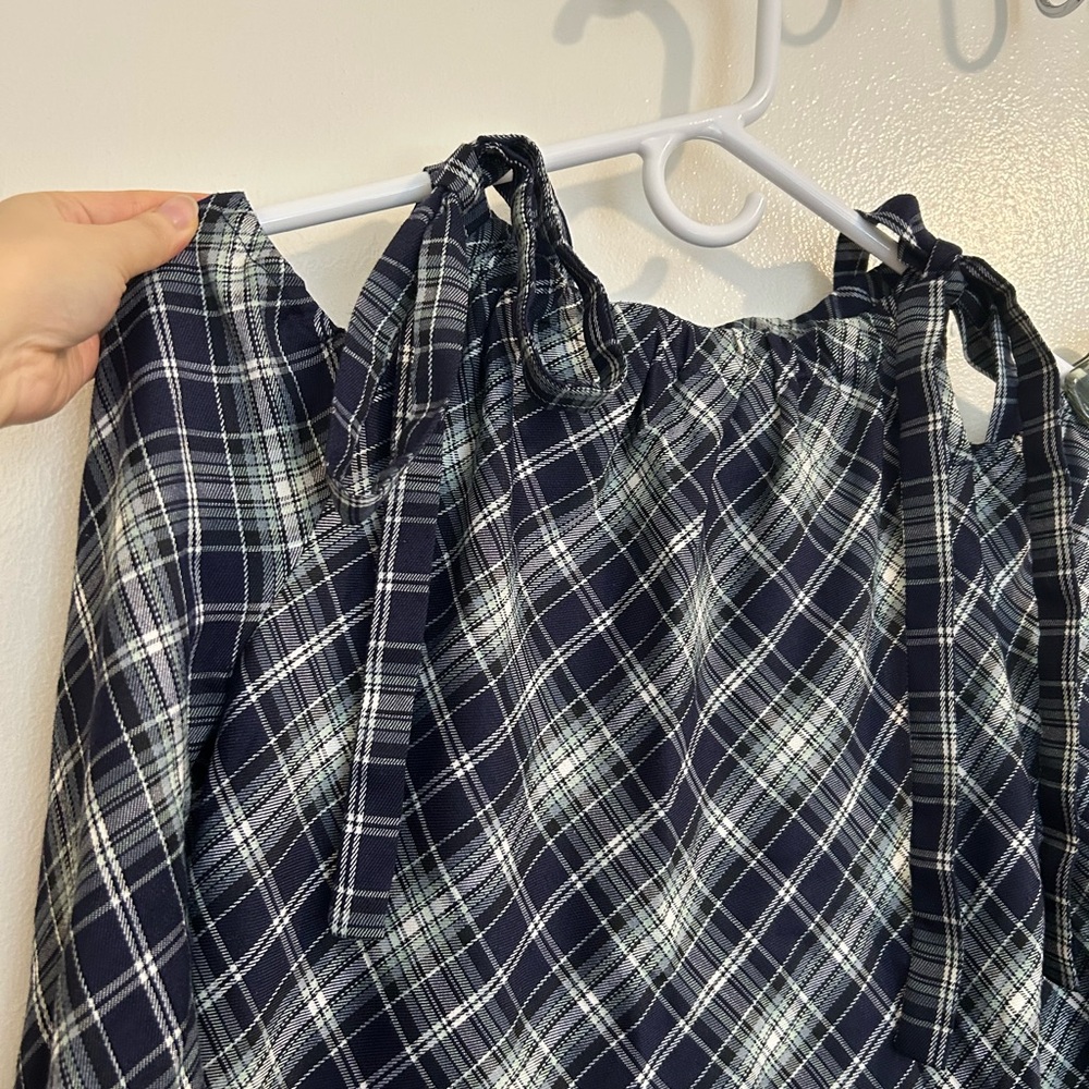 💙Vintage Cold-Shoulder Navy Plaid Midi Dress with Long Sleeves Like New size S - Picture 9 of 14